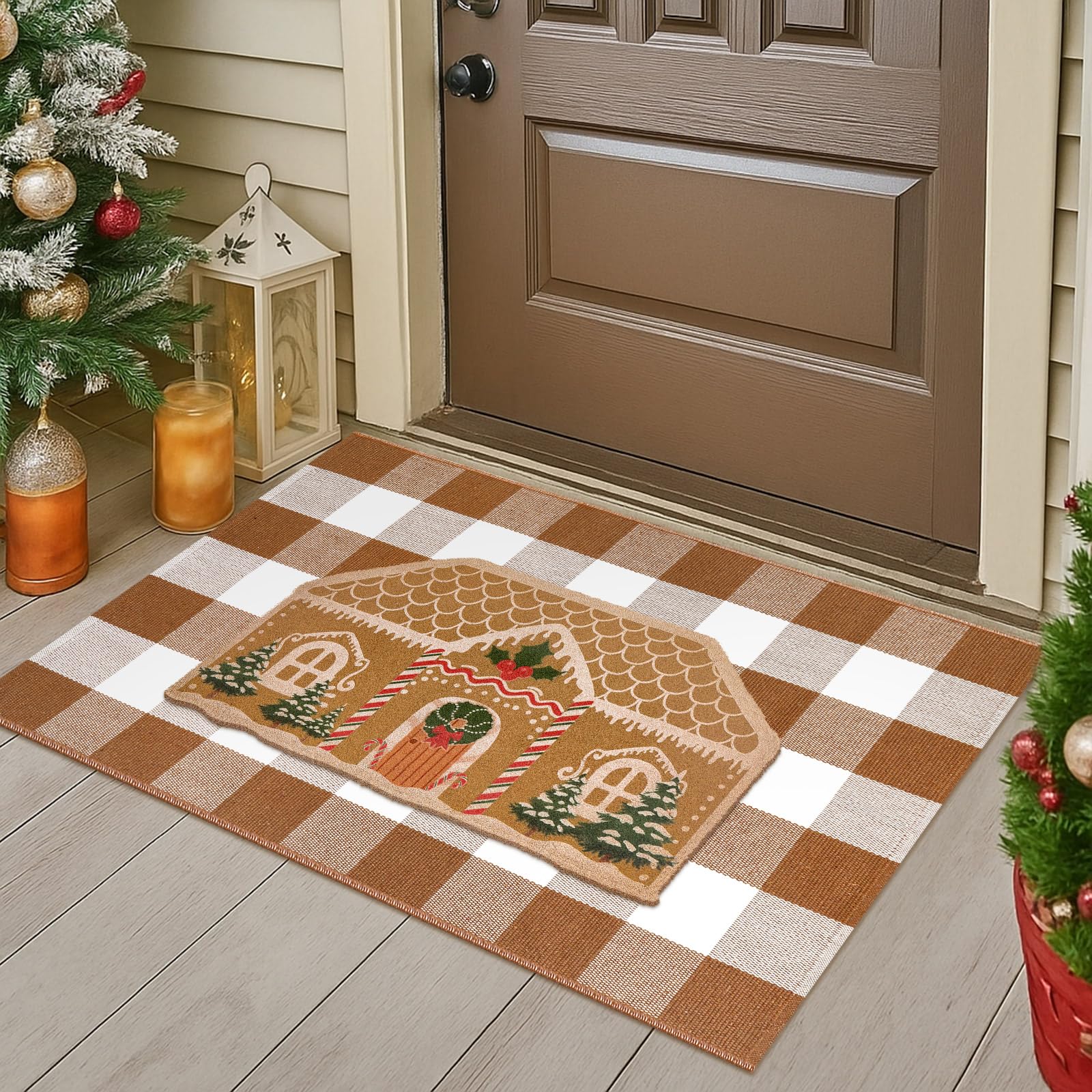 View 1 of **SMALLER IN PERSON*** Dunzy 2 Pcs Christmas Gingerbread House Door Mat Combo Set 16.9 x 29.5 Coir Welcome Door Mat and 27.5 x 43.3 Brown and White Plaid Rug for Christmas Porch Decor Outdoor Farmhouse Entryway Foyer