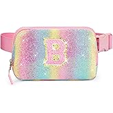 cotmcor Birthday Gifts for 5 6 7 8 9 10 11 12 Year Old Girl Teens Kids, Glitter Initial Fanny Pack for Girls, Personalized Belt Crossbody Bag, Valentines Christmas Gift Trendy Stuff, Rainbow B