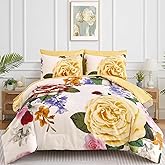 Drucon Yellow Floral Comforter King Size 7 Pieces Bedding Sets Bed in a Bag, Botanical Floral Comforter with Sheet Set, Soft Microfiber Bedding Set for All Season(Yellow, 104"x90")