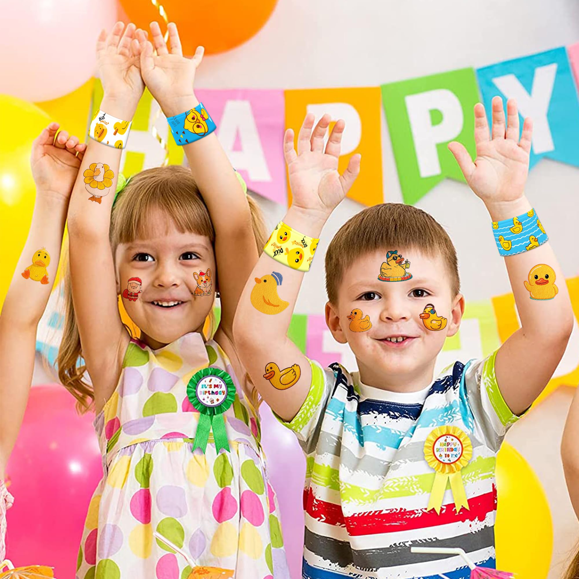 48PCS Duck Party Favors - 24PCS Temporary Tattoos & 24PCS Slap Bracelets - Cute Birthday Party Supplies, Decorations, Baby Shower Gifts, Classroom Prizes, and Rewards for Boys & Girls