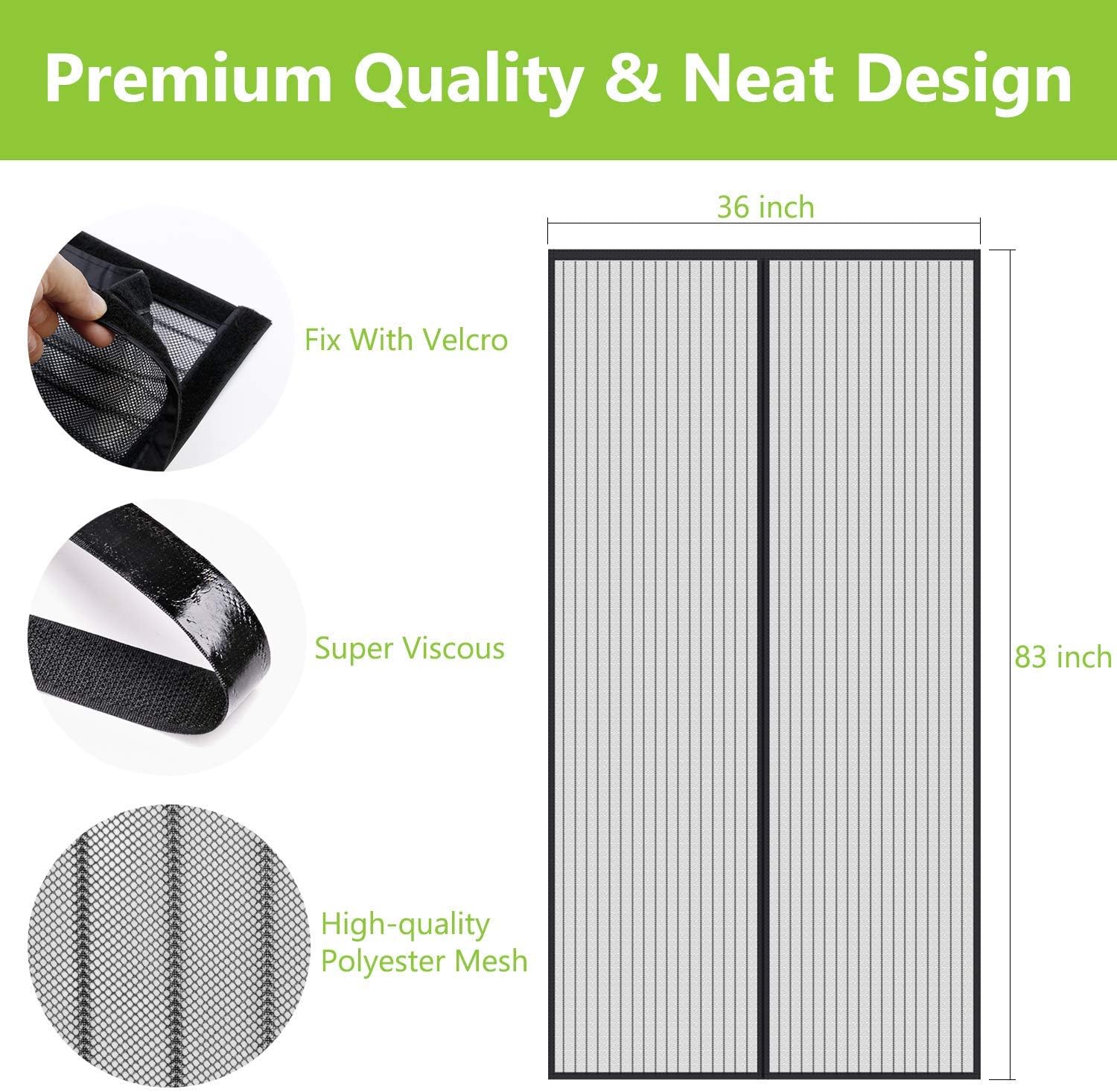 Aoocan Magnetic Screen Door - Heavy Duty mesh Door Screen and Full Frame Hook & Loop Fits Door Size up to 34"-82" Max- Black | Fresh air in & Keep Bugs Out - - 