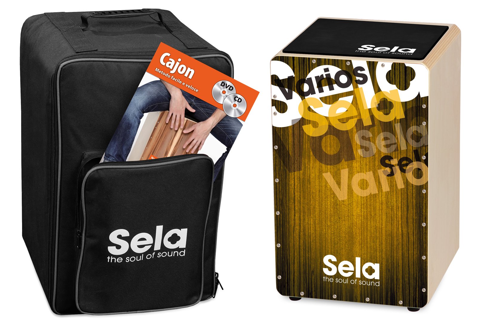 Sela SE 144 IT Varios Gold Cajon Set with backpack, cajon pad, Italian cajon method, CD and DVD