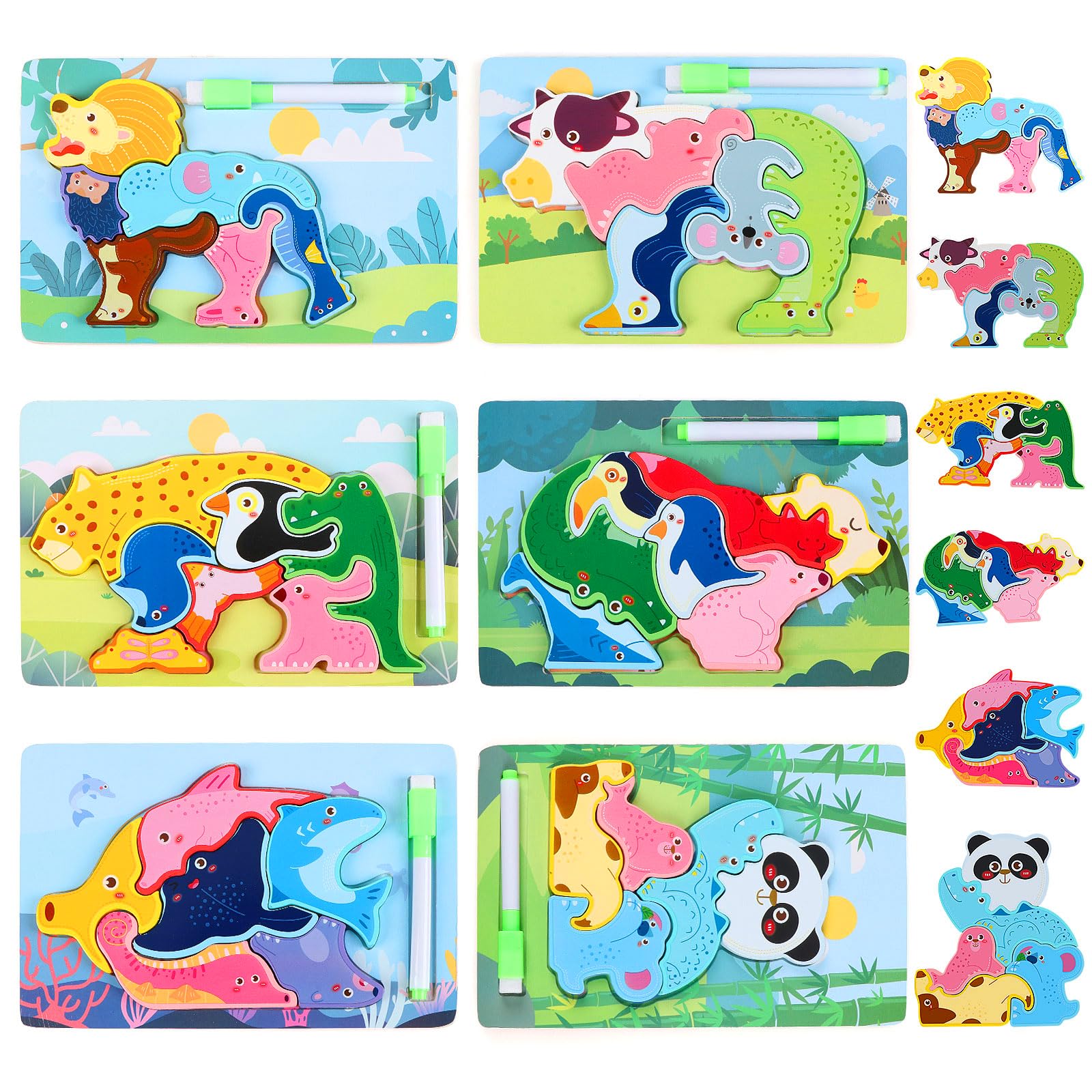 KABENFIS 6 PCS Wooden Animal Puzzles with Drawing Board Learning Educational Toys
