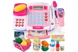 BUYGER Kids Cash Register Toy with Realistic Microphone Scanner Calculator Credit Card Machine Pretend Play Grocery Cashier Toy Preschool Gift for Kid Boy Girl 3-5+