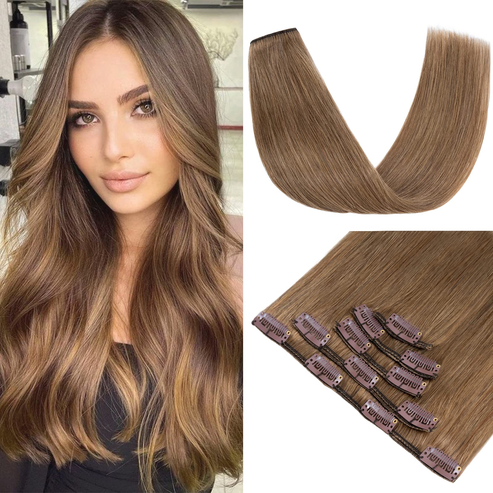 S-noilite Clip in Hair Extensions Real Human Hair,5Pcs Remy Natural Hair Extension Double Weft Seamless Clip in Hair Extensions Full Head for Women- #06 Light Brown-14 Inch(60g) โ image 1