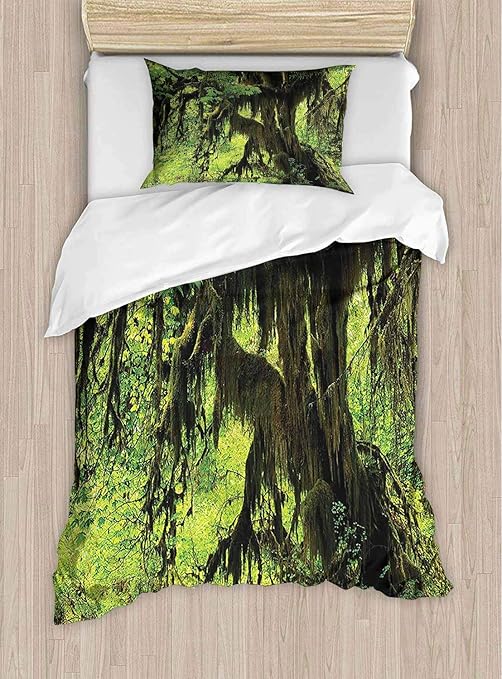 Amazon Shirlyhome ホテルコレクション ソフト ラグジュアリー ベッドシーツ 通気性 木 苔 自然 楽園 静音 自然 リラクゼーション イラスト グリーン 暖かい 2枚セット ツイン 寝具カバー シーツ オンライン通販