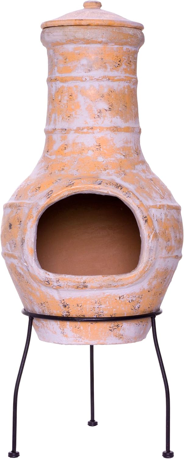Nexos Terrassenofen Gartenkamin Terracotta 85 cm Gartenofen Stahlgestell Feueröffnung20x15 cm Schlotöffnung 26x15 cm robust 19,5 kg Grillkamin