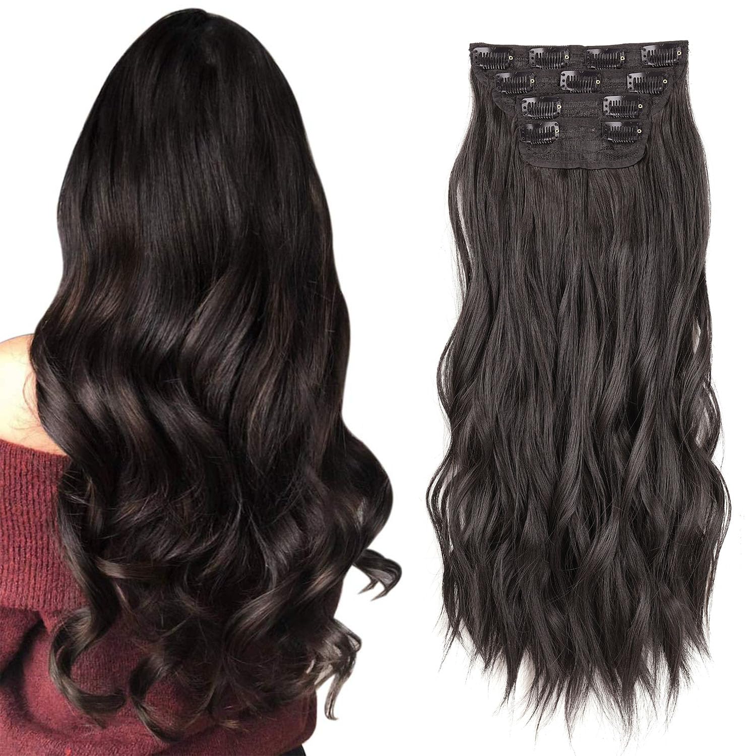Mscat Clip-in Wavy Hair Extensions - 4PCS Thick Hairpieces, Black & Brown Fiber, Double Weft, 16 Inch for Women (2#) — image 1