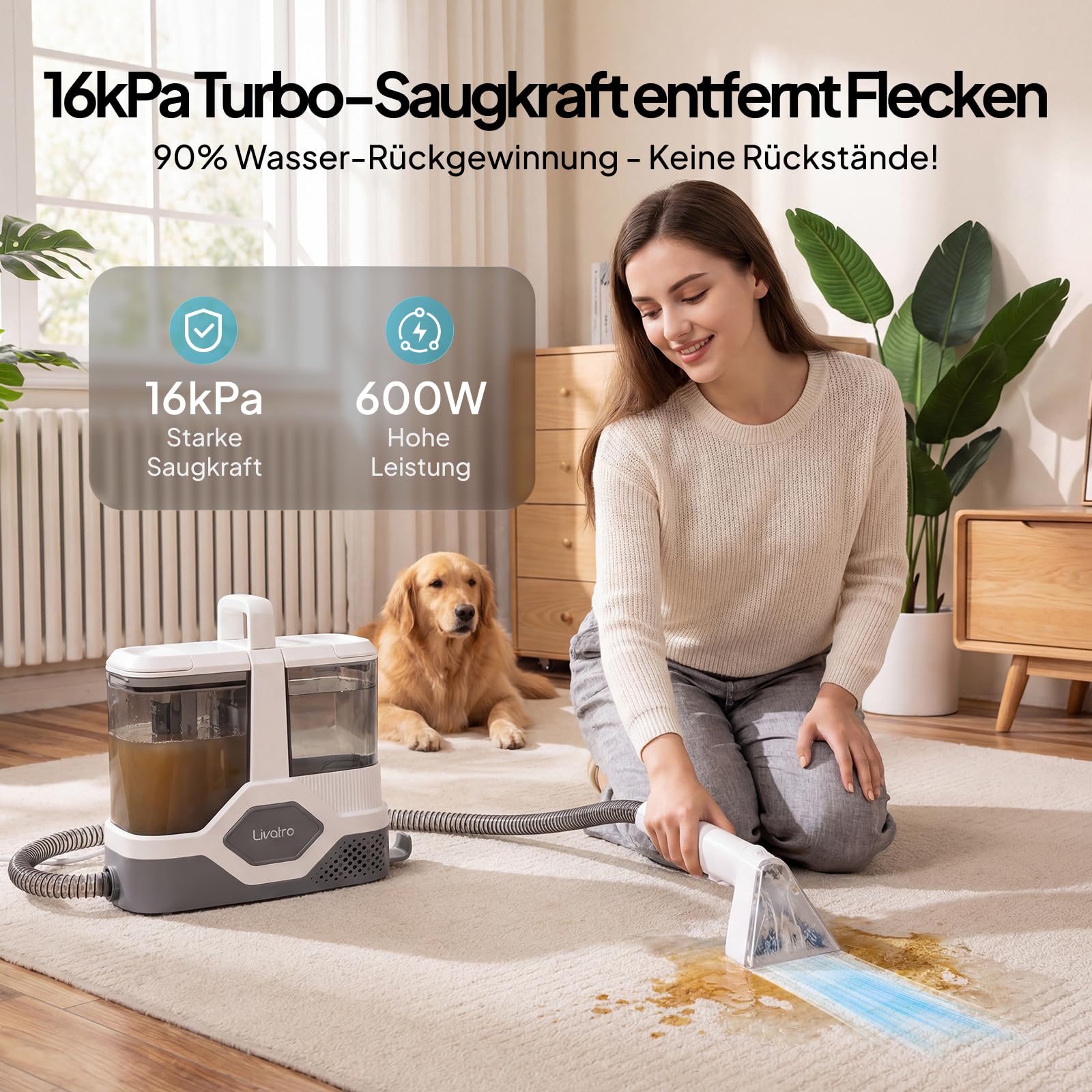 Livatro Polsterreiniger Gerät [600W Profi-Motor] Tragbarer Teppichreiniger Waschsauger 16KPa, Abnehmbarer 2,3L Tanks, Selbstreinigung, Nasssauger für Auto, Sofa, Matratze & Haustier - Schnelltrocknung 2