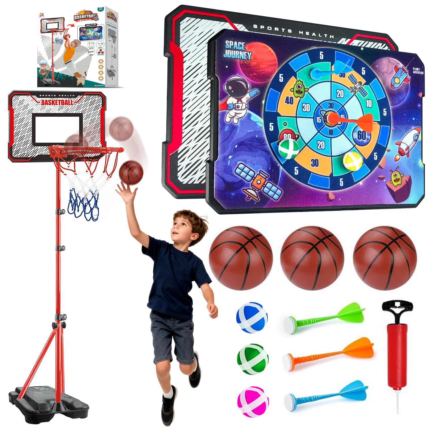 Adjustable Kids Basketball Hoop and Dart Board Set 43-75 Inches Indoor Outdoor Use for Toddlers to Teens Includes 3 Balls Pump and Darts Toys for 3+ Year Old Boys and Girls Xmas Gifts
