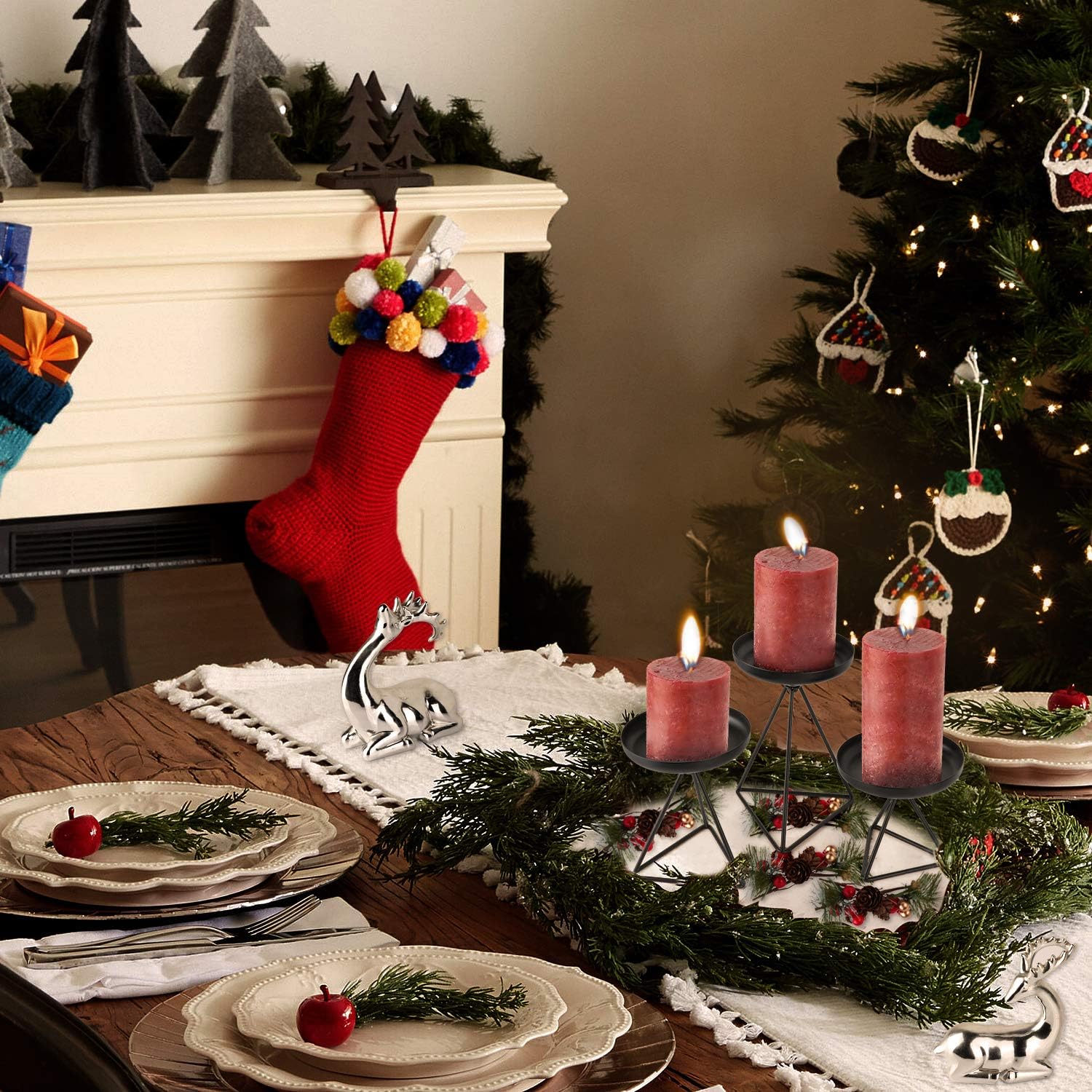 Bikoney Candle Holder for Home Decor Candleholder for Pillar Candle Metal Geometric Candlesticks Set of 3 Black 7.25", 5.5", 4.5": Kitchen & Dining