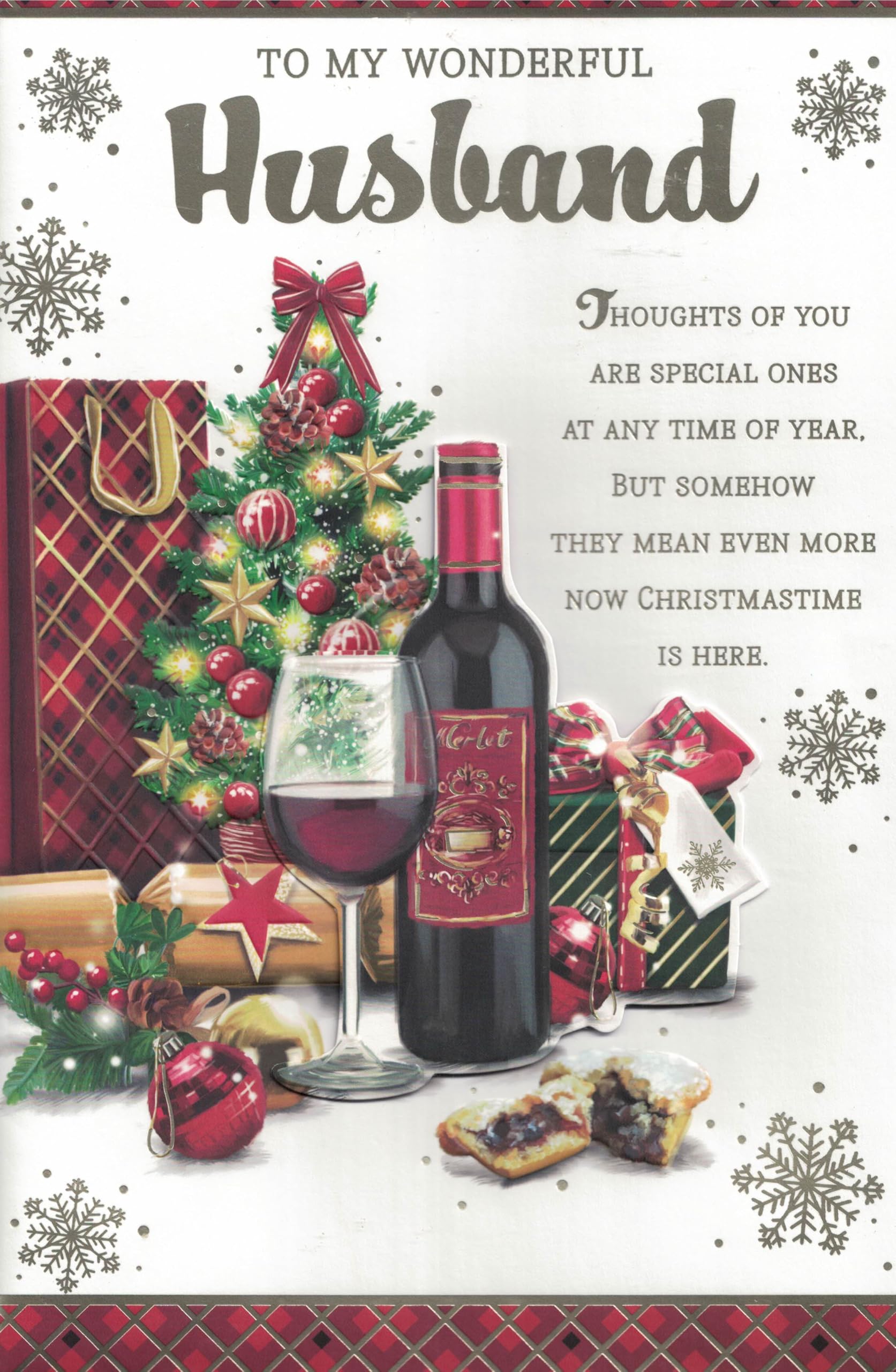 To My Wonderful Husband Christmas Card, Traditional Xmas Tree and Red Wine Design, 8 Page Insert, 30.48 x 20.32 cm
