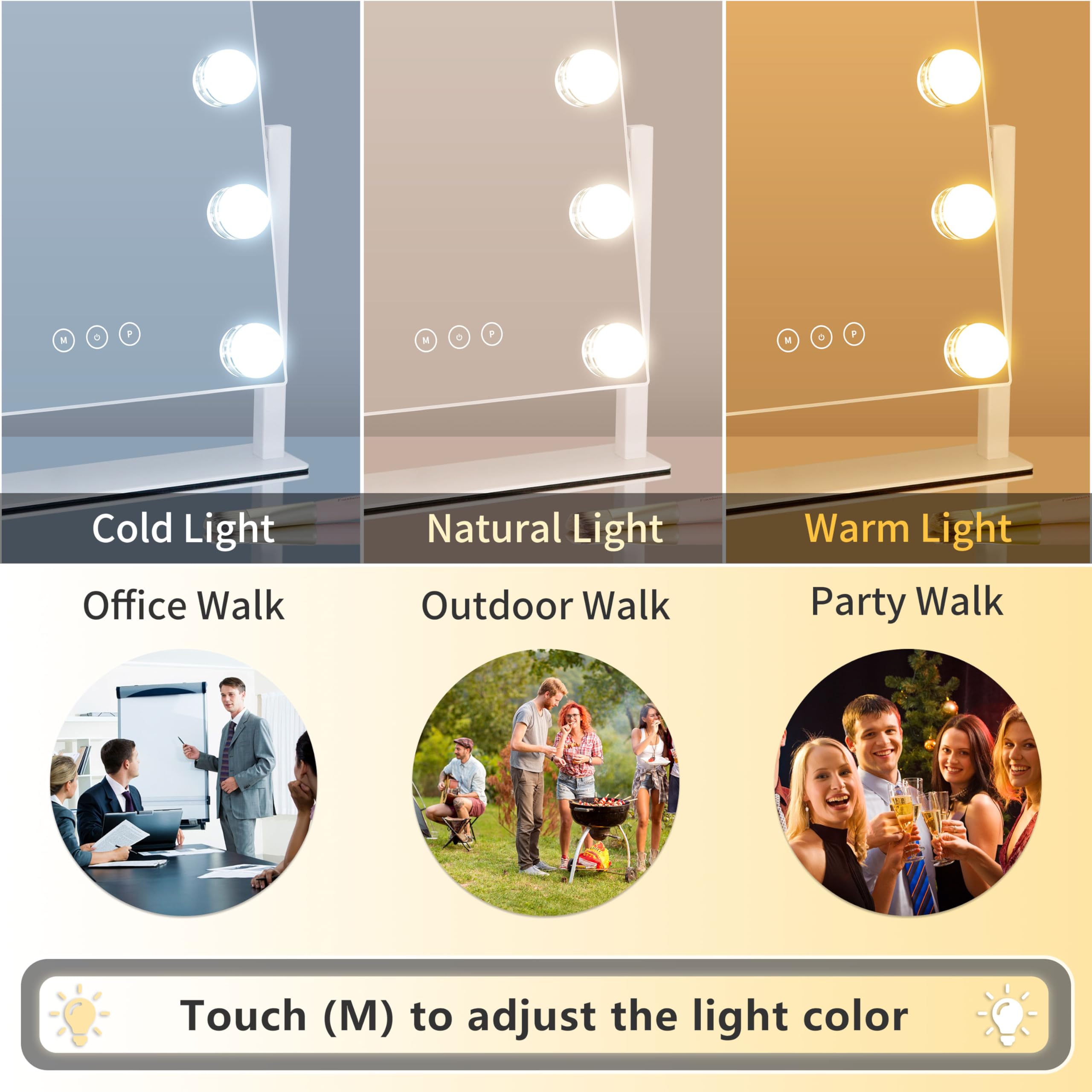 Vanity Mirror with Lights,Lighted Vanity Mirror with 9 Dimmable Bulbs for Dressing Room & Bedroom,3 Color Lighting,Modes Detachable 10x Magnification 360°Ratation(White)