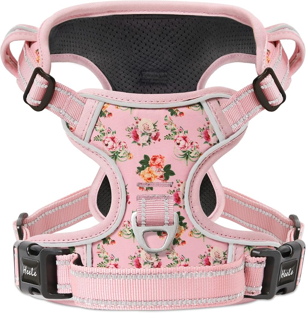 HEELE Large Dog Harness Reflective No Pull Flower Pink Size L