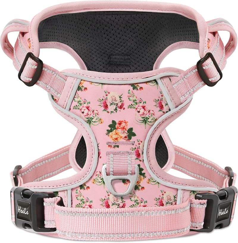 HEELE Large Dog Harness Reflective No Pull Flower Pink Size L
