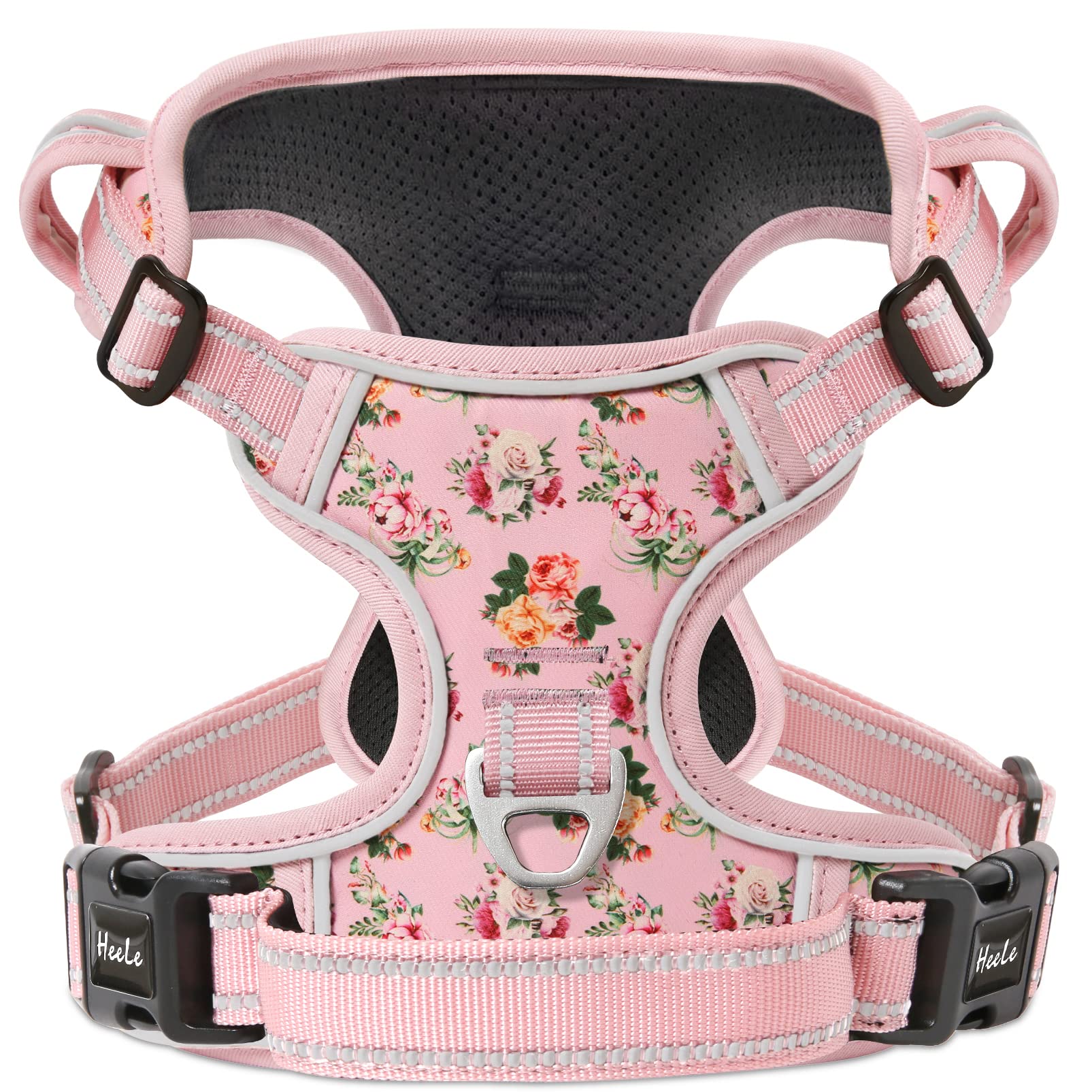 HEELE Medium No Pull Dog Vest Harness with Soft Padded Handle - Reflective for Outdoor Training & Walking, Flower-Pink, M