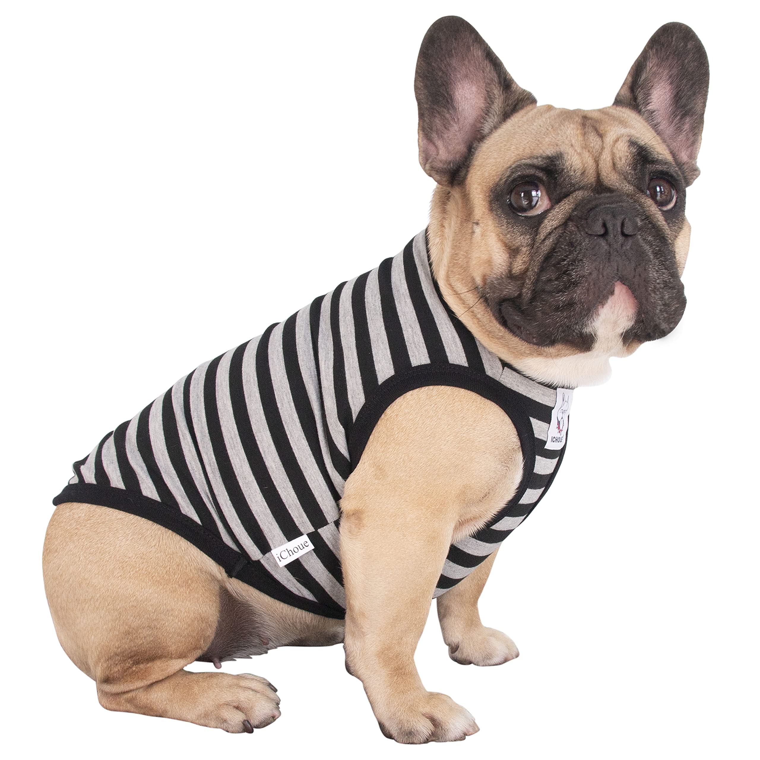 iChoue English Bulldog Striped T Shirts Clothes for Medium Dogs Vest Tank Tops Puppy Large French Frenchie Pug Boston Terrier Pitbull Grey Black Strips - XL — image 1