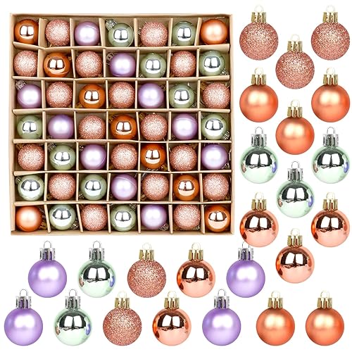 VEYLIN Christmas Baubles - 49pcs Mini Tree Ornaments 3cm Glitter for Tree Decoration (Purple and Copper)