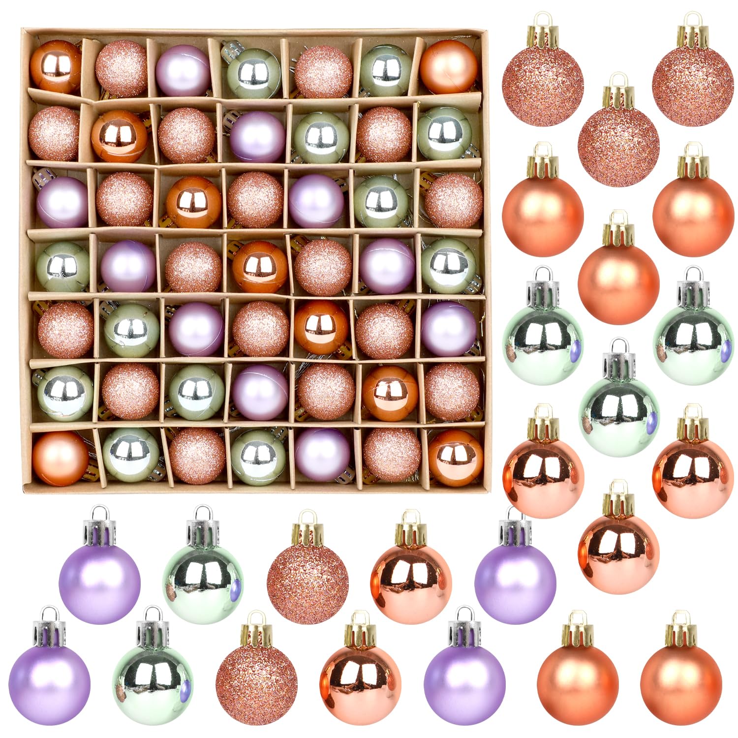 VEYLIN Christmas Baubles - 49pcs Mini Tree Ornaments 3cm Glitter for Tree Decoration (Purple and Copper)