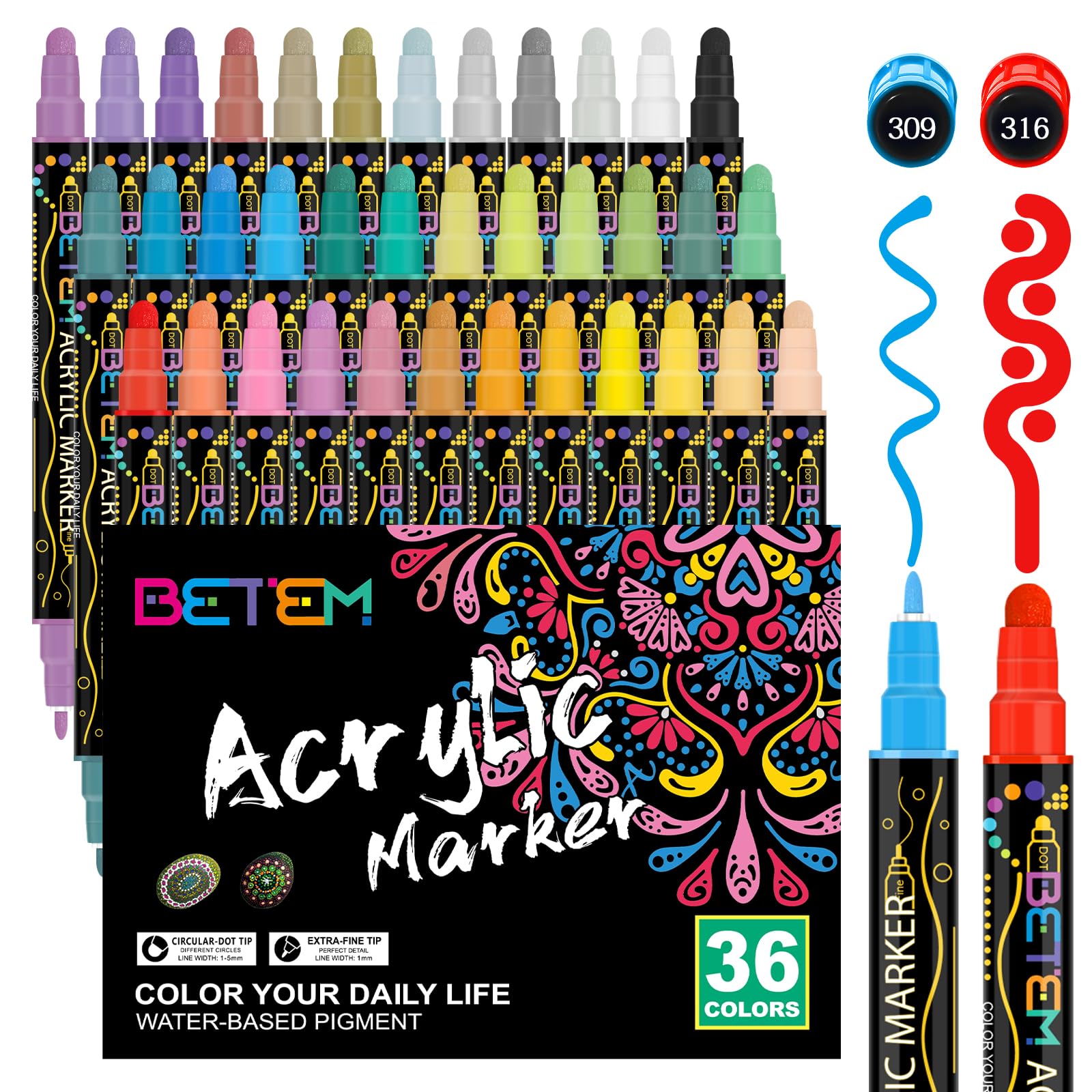Betem 36 Colors Dual Tip Acrylic Paint Pens Markers, Premium Acrylic Paint Pens for Wood, Canvas, Stone, Rock Painting, Glass, Ceramic Surfaces, DIY Crafts Making Art Supplies