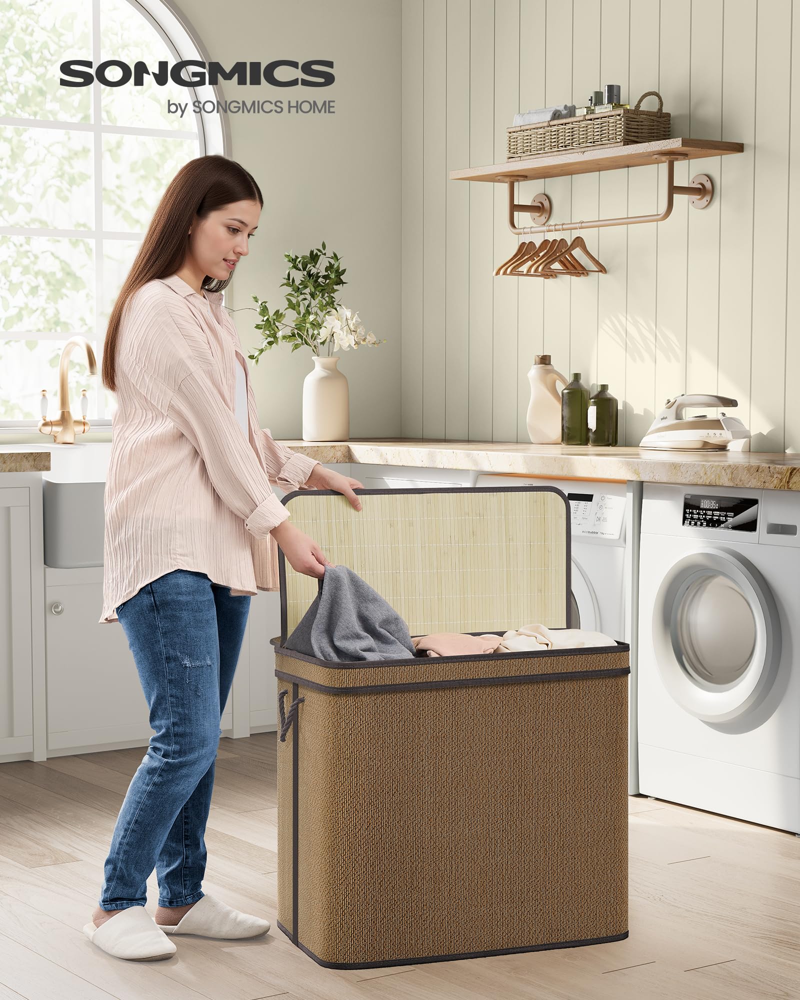 SONGMICS Wäschekorb 3 Fächer, Wäschesammler Bambus, 170 Liter, Wäschesack herausnehmbar und maschinenwaschbar, mit Deckel, Griffe, für Waschküche, Schlafzimmer, Wohnzimmer, braun LCB069K01 2