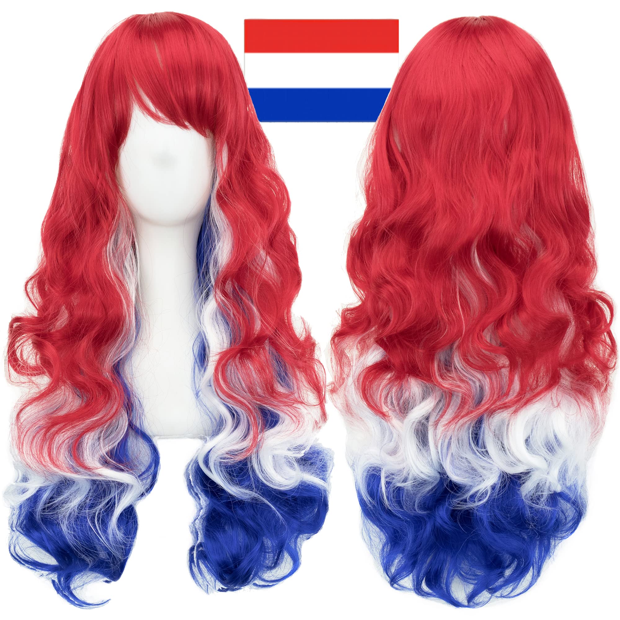 IMISSU Flag Color Design Hair Cosplay Wigs with Bangs Halloween Costume Wig (NL Flag Red White Blue) — image 1