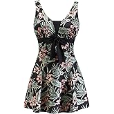 Searainer Women's One Piece Swimsuit Plus Size Swim Dress Tie Front V Neck Printed Swimwear Tummy Control Bathing Suit