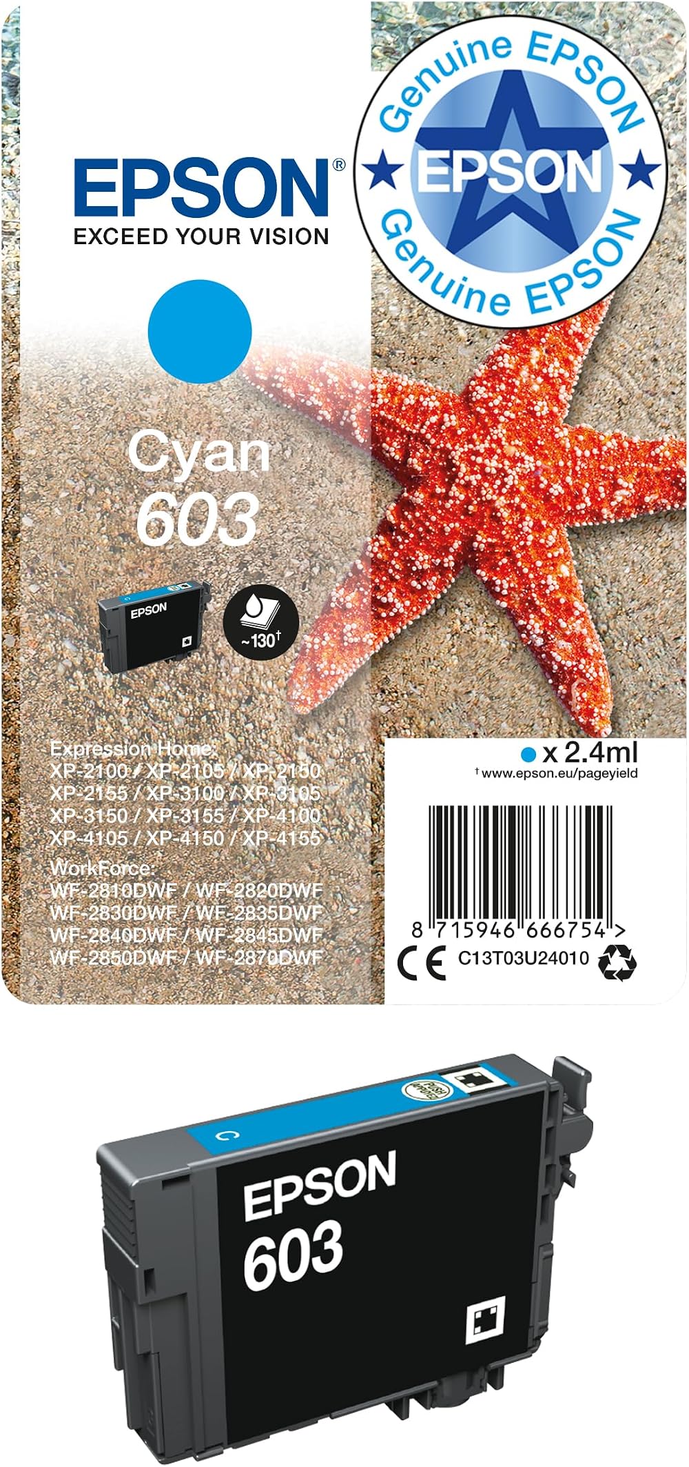 Epson 603 Cyan Starfish Genuine Ink Cartridge Standard Capacity 1 Pack