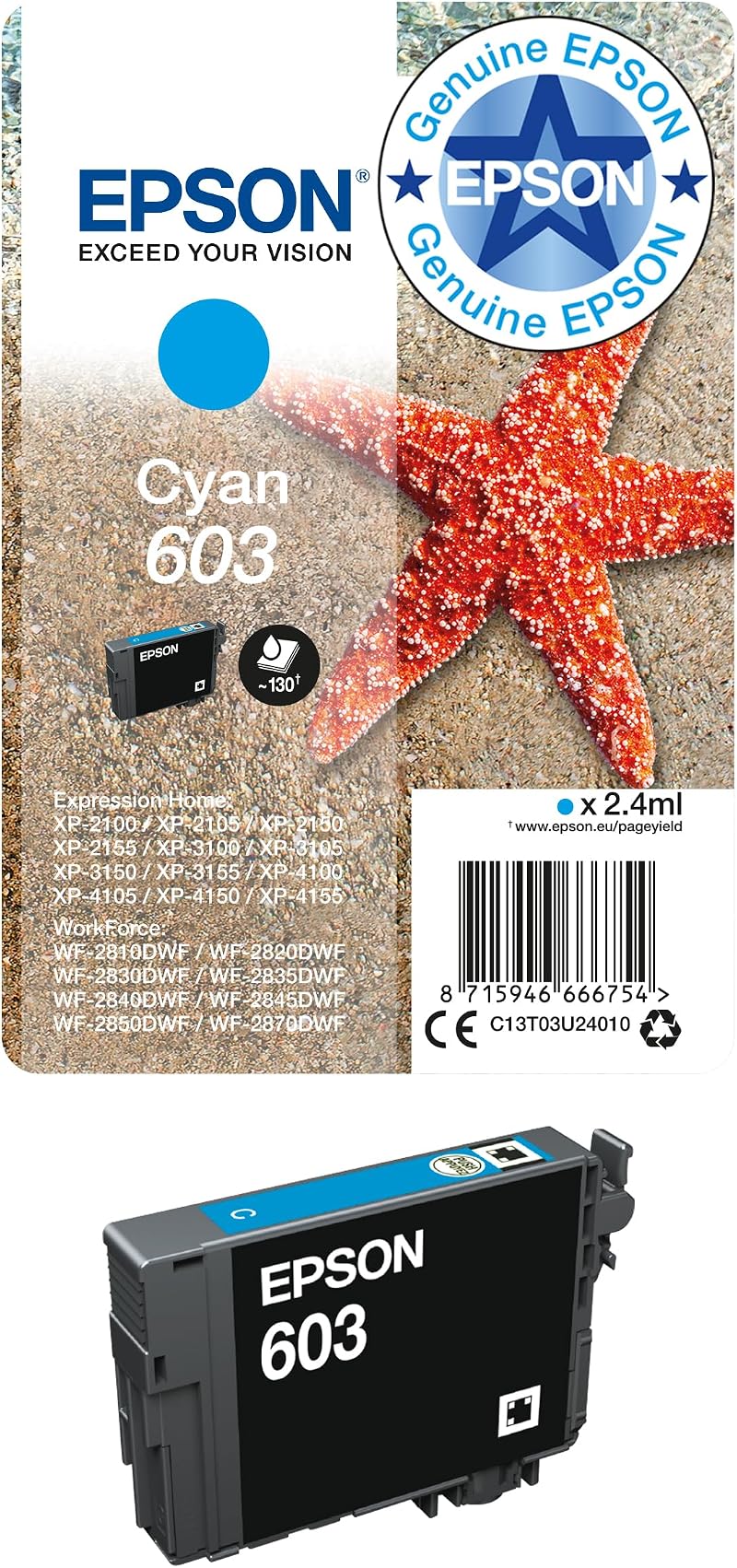 Epson 603 Cyan Starfish Genuine Ink Cartridge Standard Capacity 1 Pack