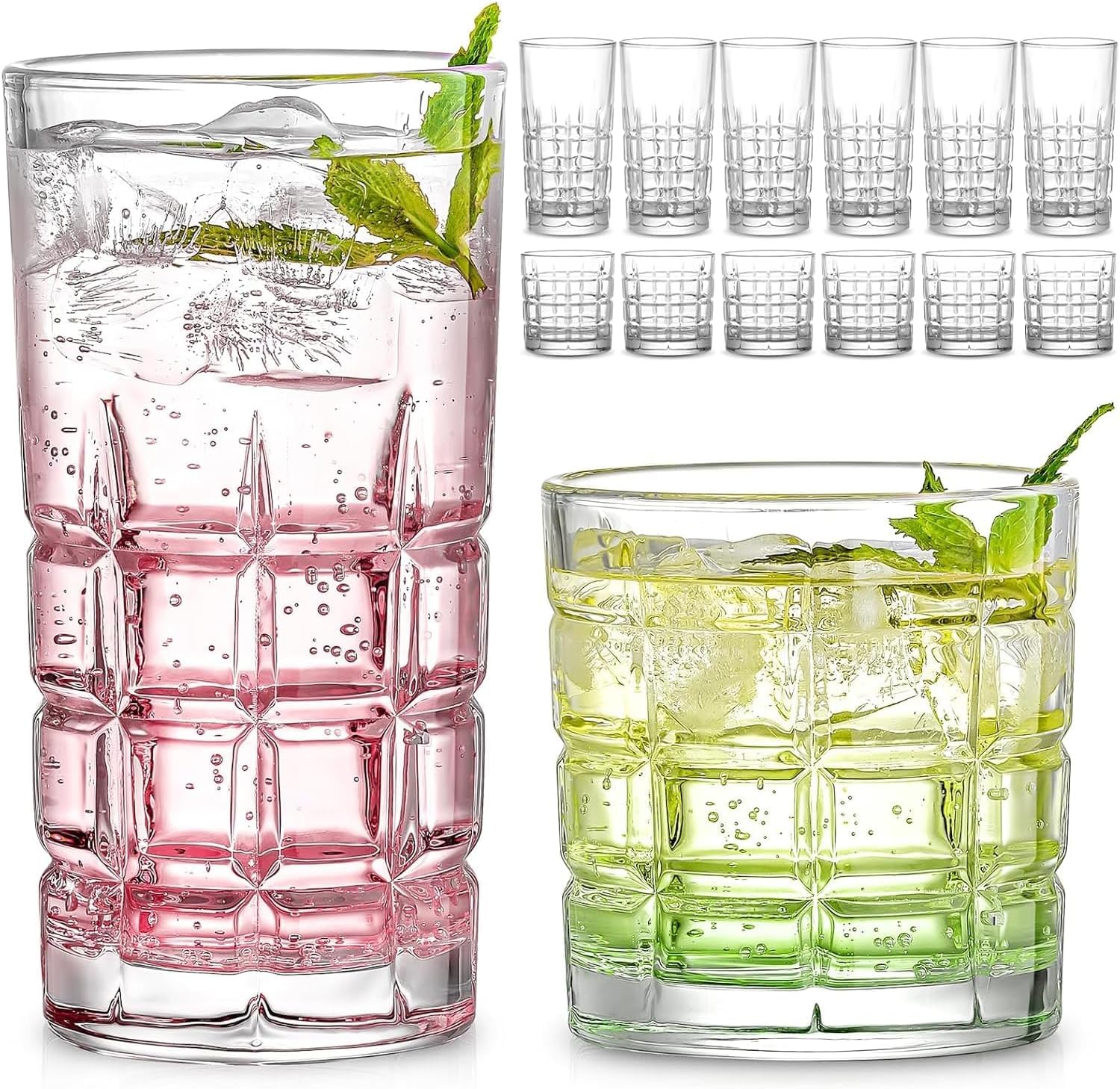 Photo 1 of Bulk Drinking Glasses Set of 12, Clear Glass Cups, Mixed Glassware Sets, 15 OZ Large Highball Water Glasses & 11 OZ Rock Glasses, Tumbler Drinkware Kitchen for Cocktail Iced Coffee Beer Tea Whiskey