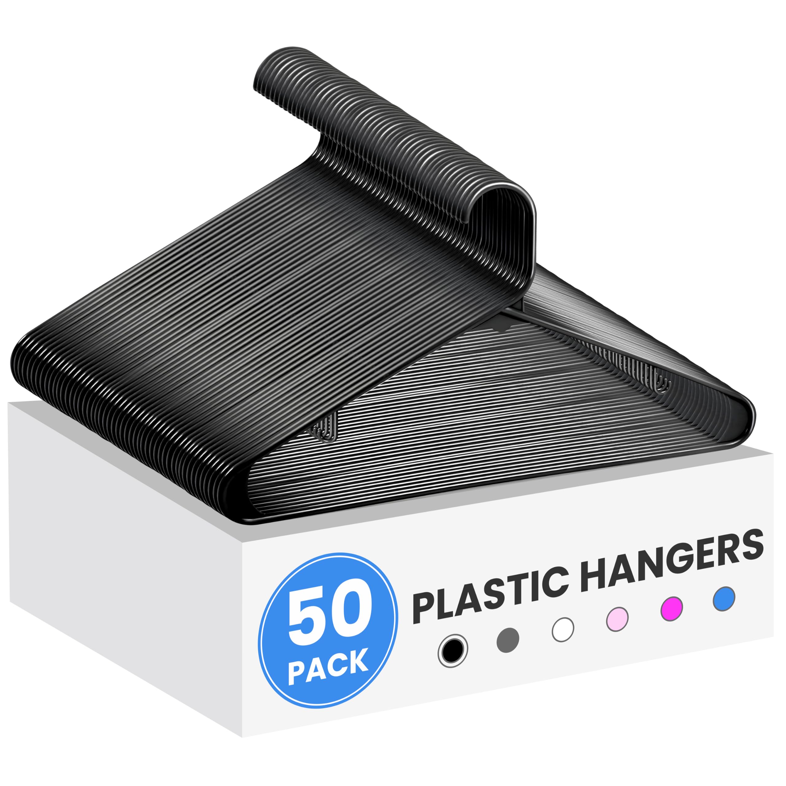 Photo 1 of InfiniPower 50 Pack Plastic Hangers with Hooks, Durable, Space Saving Clothes Hangers with Non-Slip Hooks for Shirts, Coats, Dresses, Black