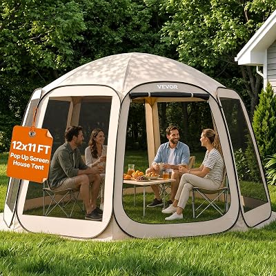 Tente Moustiquaire Pop Up 366x338x230 cm Abri Moustiquaire Pliant 10-12 Personnes Tente Portable pour Jardin Terrasse Cour Activités Plein Air, avec Sac de Transport, Piquets de Fixation, Beige