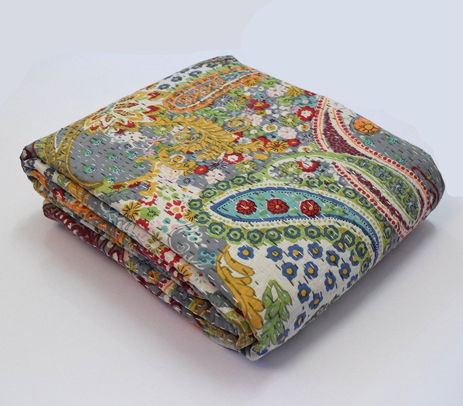 Sophia-Art Indiase Twin/King Handgemaakte Vogelpauwprint Katoen Kantha Quilt Sprei Etnische Gooi Coverlet Deken Bohemian Decoratieve Beddengoed Hippie Bed Cover (Wit, 108*108 Inches met sham cover