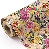 WRAPAHOLIC Kraft Floral Wrapping Paper Roll - Mini Roll - 17 Inch x 9.8 Feet - All Occasion Vintage Flower Wrapping Paper for Wedding Bridal Shower Birthday