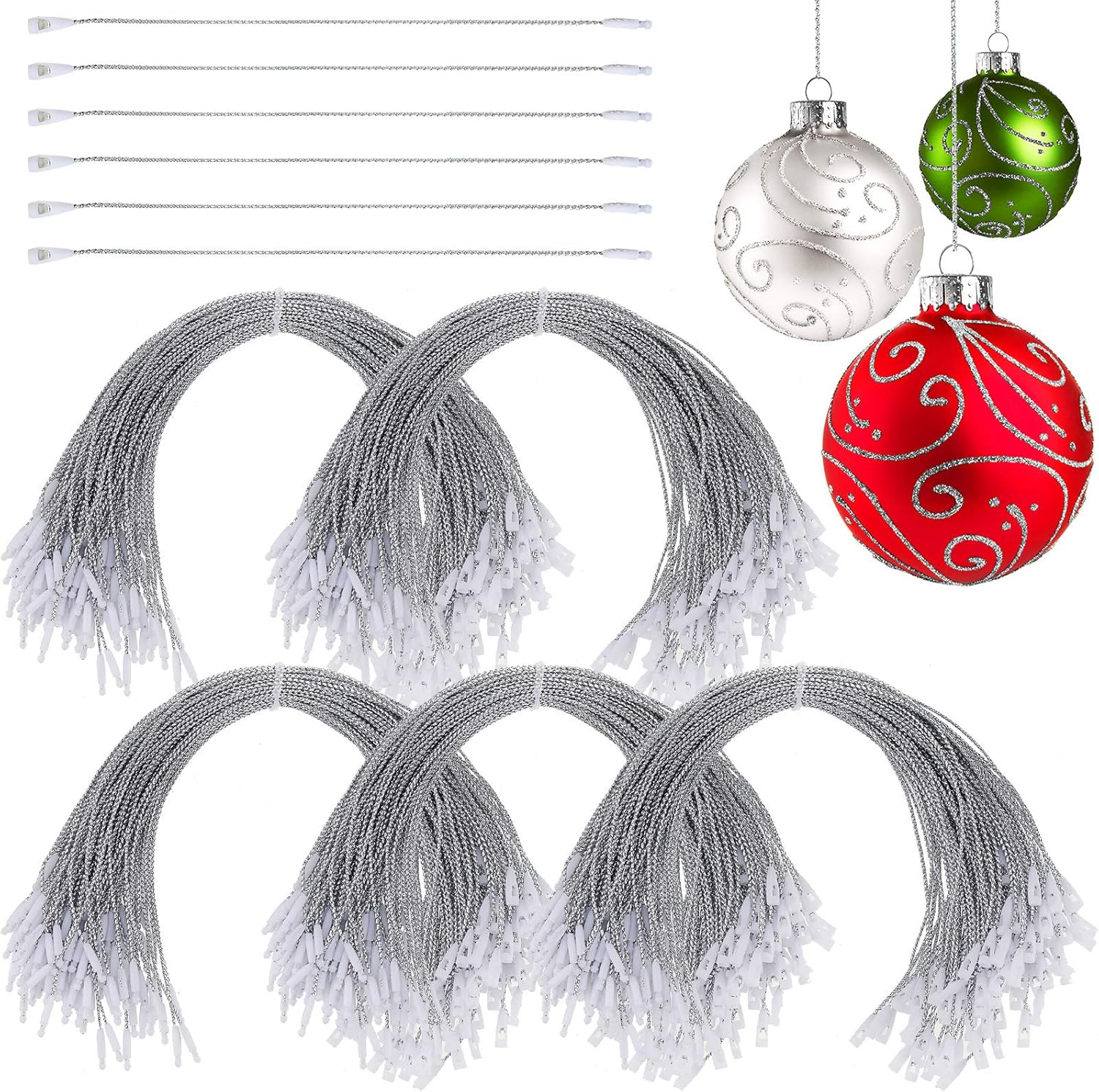 Ornament Hooks - Nuanchu 500 Pieces Christmas Ornament Hangers Locking Ropes Fasteners Hanging Ropes Hang Tag Polyester Ropes Price Tag Hanging Ropes for Christmas Party Hanging Decor (Silver)