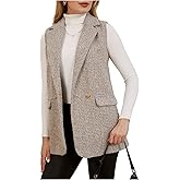 MakeMeChic Women's Tweed Blazer Vest Sleeveless Lapel Collar Business Casual Jacket Coat