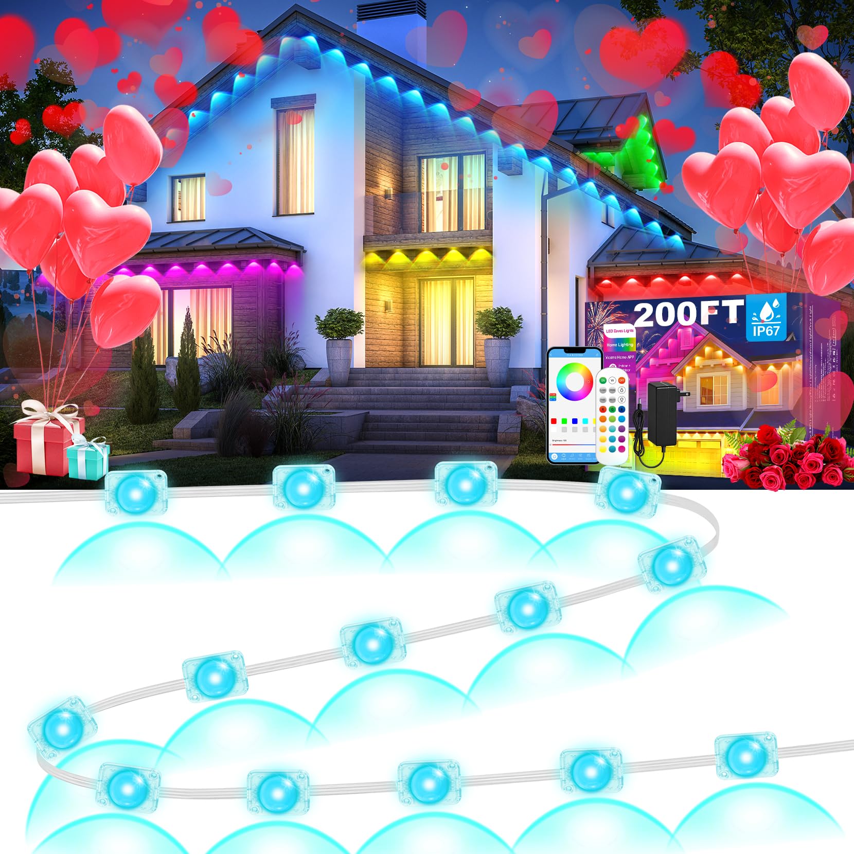 Photo 1 of *UNTESTED*
MUCCCUTE Permanent Outdoor Lights for Holidays Valentines 200ft RGB House Light w/App & Remote Control Smart Rainbow LED IP67 Waterproof for New Year Christmas Roof Eaves Garden Décor All Year Around