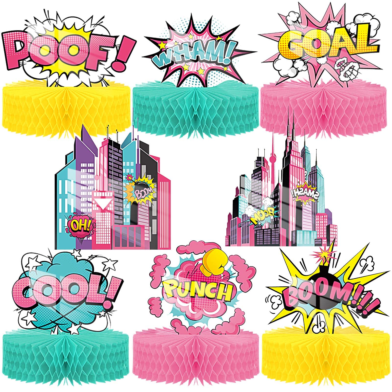 Photo 1 of 8 Pcs Pink Hero Girl Party Supplies Hero Honeycomb Action Sign Table Topper Centerpiece Paper Cardboard Cutouts for Happy Birthday Baby Girl Shower Party Favor