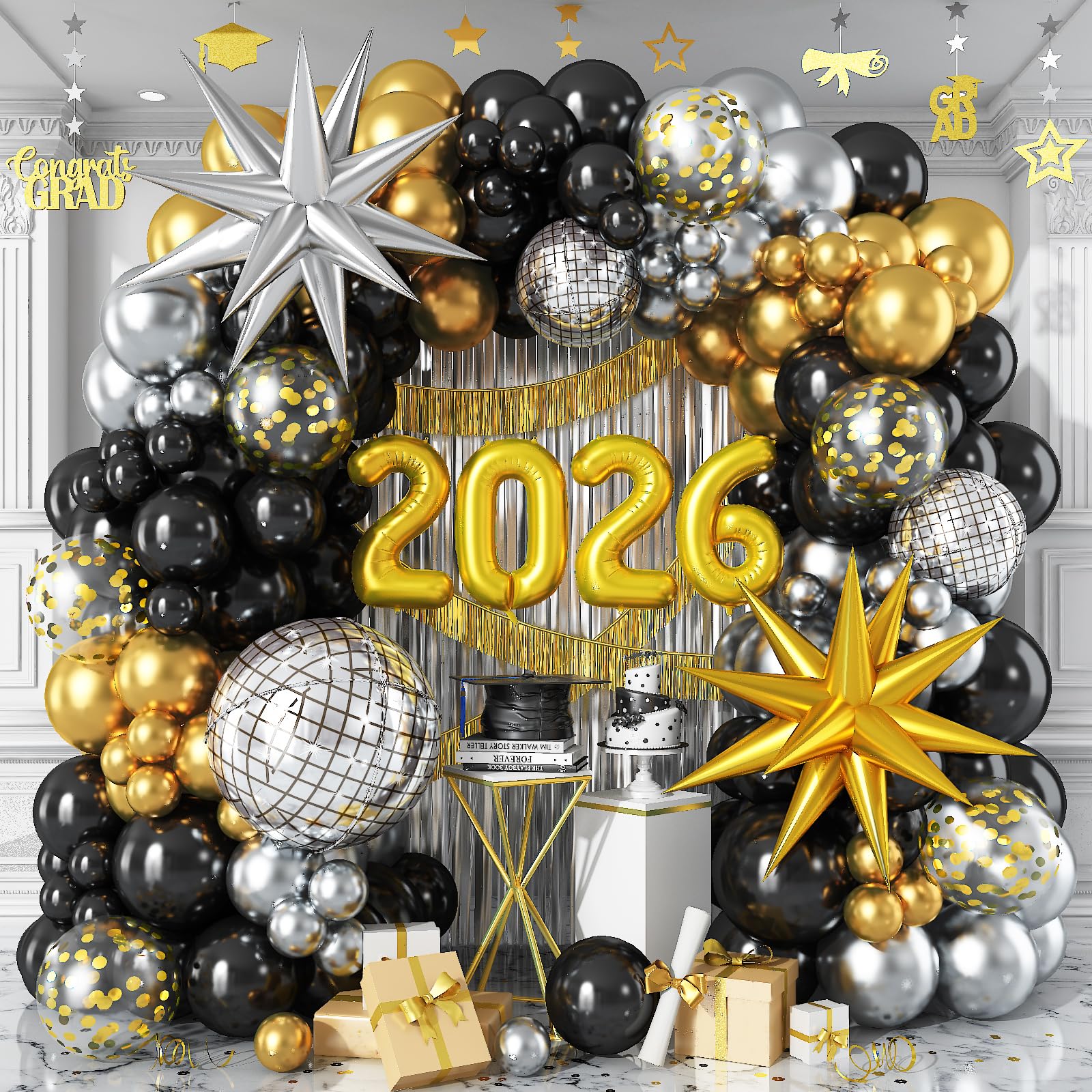 Froova 2026 Graduation Balloon Garland Arch Kit, Black Gold Silver Balloon Arch 2026 Graduation Decorations Disco Star Balloons for Grad Celebrations New Year Birthday Party Decorations