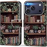 DEENAKIN for iPhone 17 Pro Wallet Case with Card Holder + Cash Clip, RFID-Blocking, Military-Grade Drop Protection & UV-Printed Artwork, Magnetic Closure with Leather Kickstand - Bookshelf with Blooms