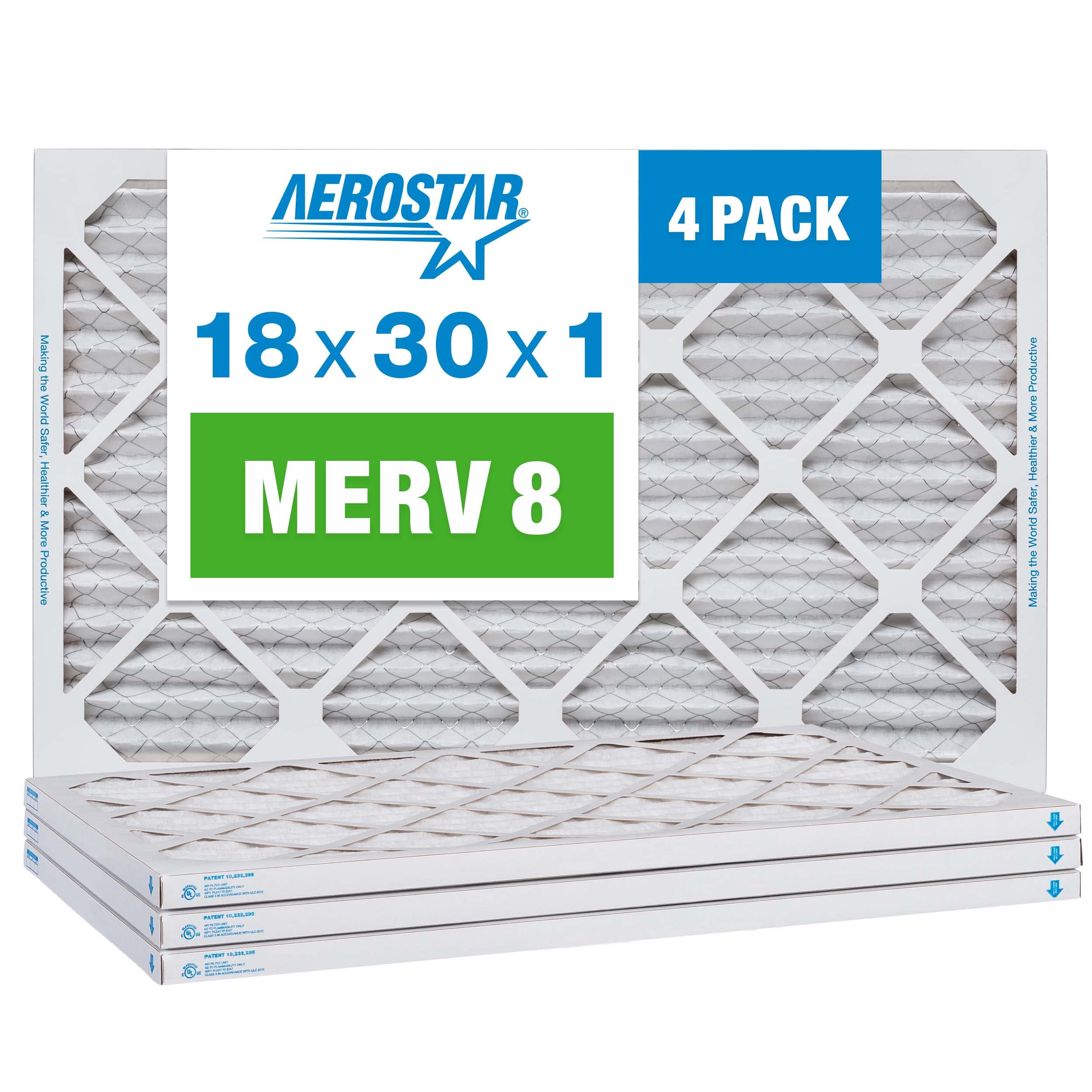 Aerostar 18x30x1 MERV 8 Pleated Air Filter, AC Furnace Air Filter, 4 Pack (Actual Size: 17 1/2" x 19 1/2" x 3/4") Image