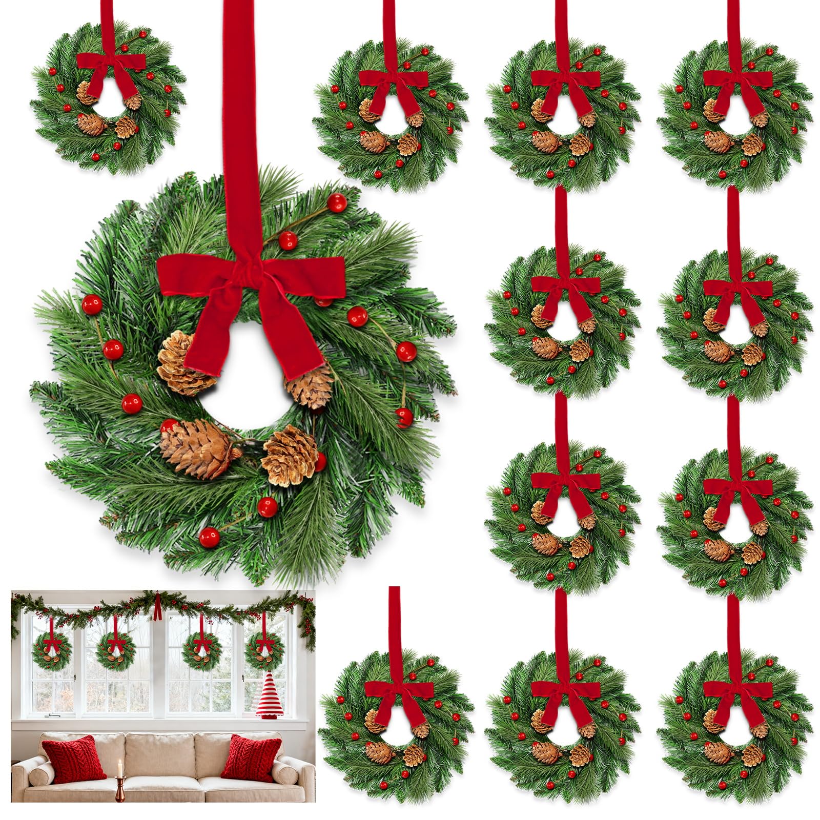Photo 1 of 12 Pcs Mini Christmas Wreath for Kitchen Cabinets, 12 Inch Small Christmas Wreaths with Lifelike Norfolk Pine Aspen Fir Tips Cones Red Berry Bow Xmas Door Wreath for Front Door Porch Wall Home Indoor