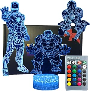 SNOMYRS 3D Illusion Super Hero Night Light Lamp 16 Color Changing Table Decor Lamp with Remote & Smart Touch, Gifts for Boys, Girls and Super Hero Fans(3Pack)