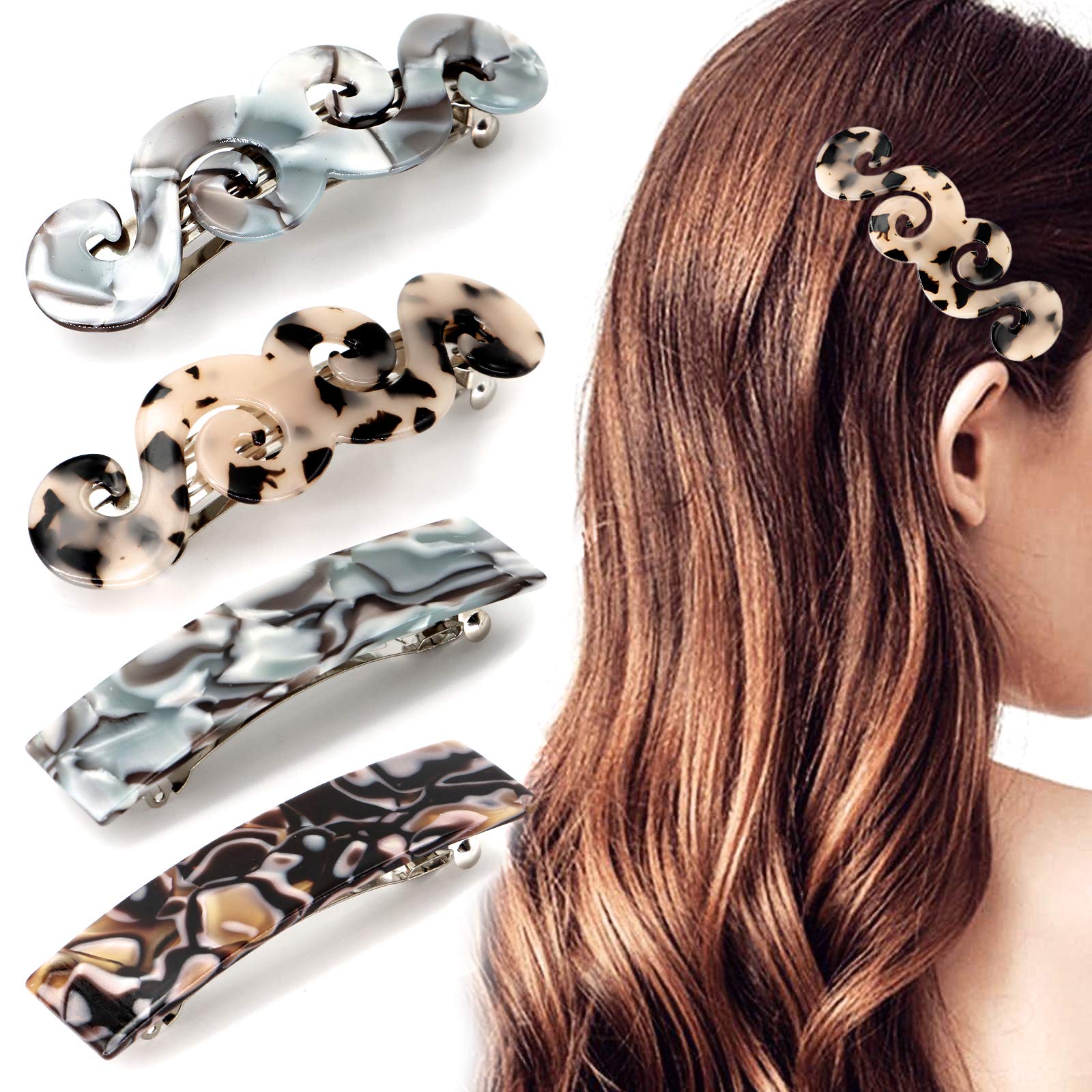 4 Pack Elegant French Rectangle Hair Barrettes - Swirl Clips, Snap Hairpins, Acrylic Tortoise Design Celluloid Ponytail Holders for Curly, Straight, Thick, and Medium Hair