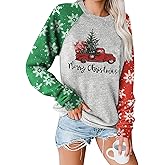Binshre Merry Christmas Shirts for Women Christmas Tree Sweatshirts Funny Plaid Holiday T Shirt Snowflake Long Sleeve Tops