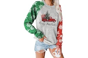 Binshre Merry Christmas Shirts for Women Christmas Tree Sweatshirts Funny Plaid Holiday T Shirt Snowflake Long Sleeve Tops
