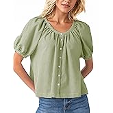 MISSACTIVER Plaid Puff Short Sleeve Shirts Women Button Down Crew Neck Babydoll Tops Summer Flowy Gingham Peplum Blouse