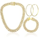 Batiyeer 3 Pcs Cuban Link Chain Necklace Bracelet Rhinestone Hoop Earrings Bling Crystal Hip Hop Jewelry for Women(16 Inch,Gold)