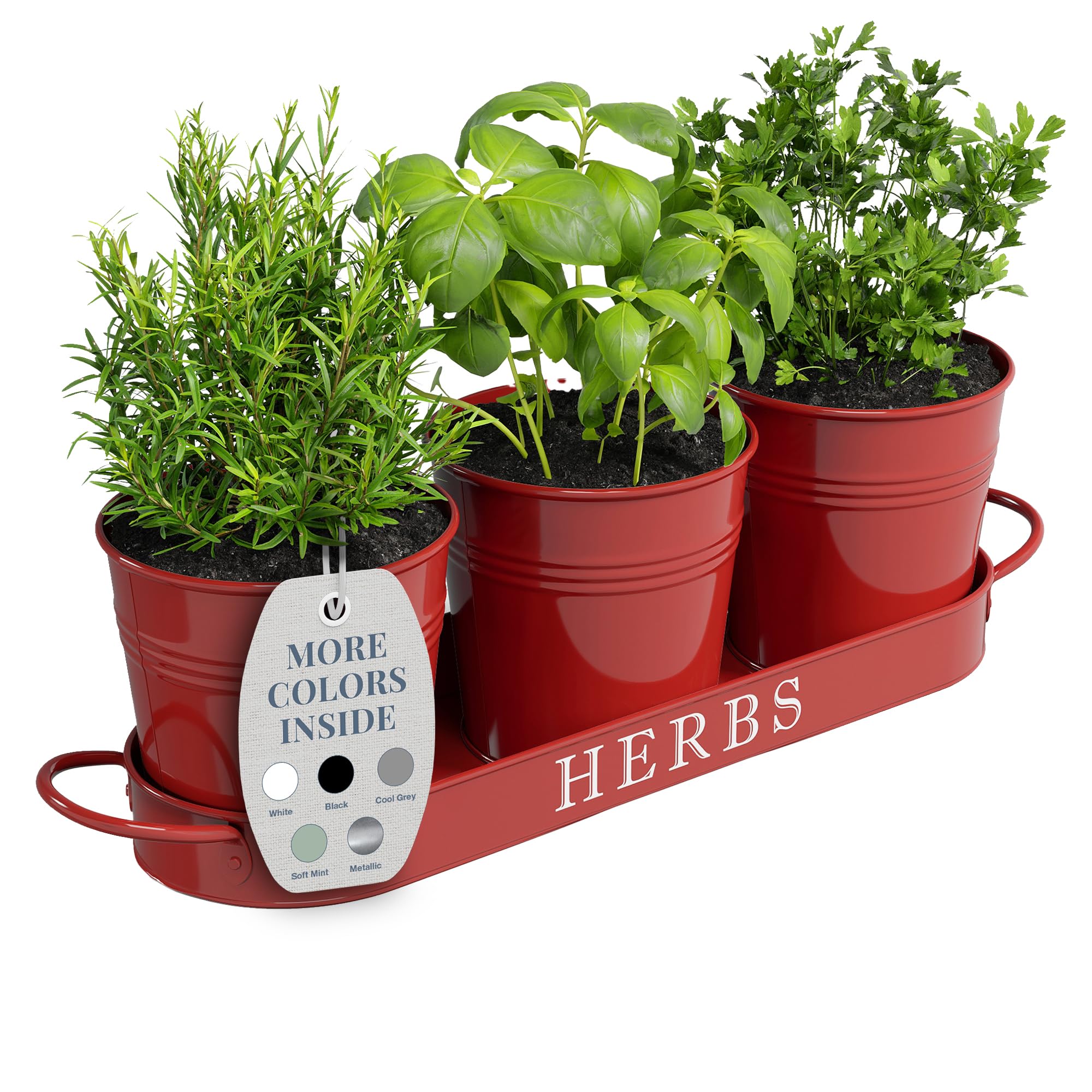 Barnyard Designs Farmhouse Herb Garden Planter Set with Tray or Outdoor Apartment Window Planter Box, Indoor Herb Garden Pots, Red, Set/3
