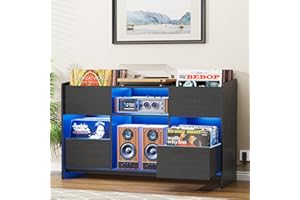 BROTTAR Large Record Player Stand with Vinyl Record Storage Drawers, Record Player Cabinet with 3 Color Lights and Human Body Sensing, Turntable Stand, Record Stands for Music Room, Living Room, Black